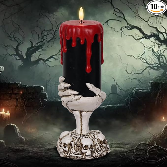 Halloween Decorations Black Flameless Candles with 6H Timer, Battery Operated Candles with Skull Hand Candle Holder, Real Wax Dripping Halloween Candle Spooky Halloween Decor Indoor
