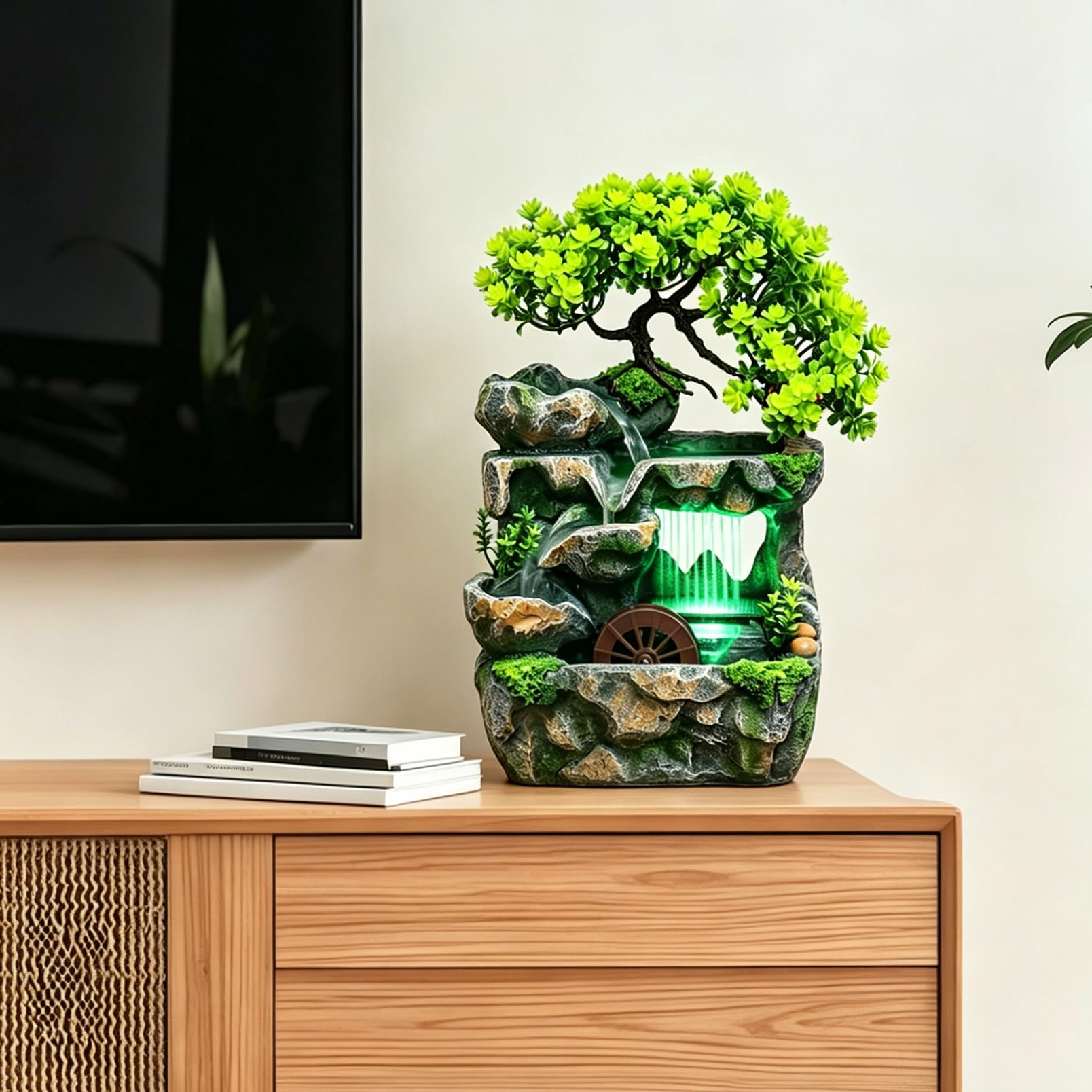 Zimmerbrunnen, Tischbrunnen mit LED Farbwechsel, Wasserfall Zimmerbrunnen mit Feng Shui Rad, Leise Tauchpumpe, Tischbrunnen Deko für Wohnzimmer Büro Schlafzimmer, Luftbefeuchtend 18x15x30 cm