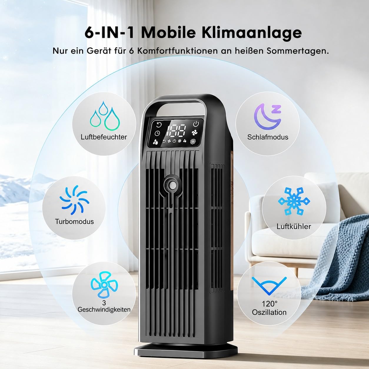 Mobile Klimaanlage ohne Abluftschlauch 6-in-1, Luftkühler mit Wasserkühlung & 1200ml Tank, 7m/s Turbo, 120° Oszillation, 1-12H Timer, 36W Leises Mini Klimagerät für Schlafzimmer & Büro, Schwarz Matt
