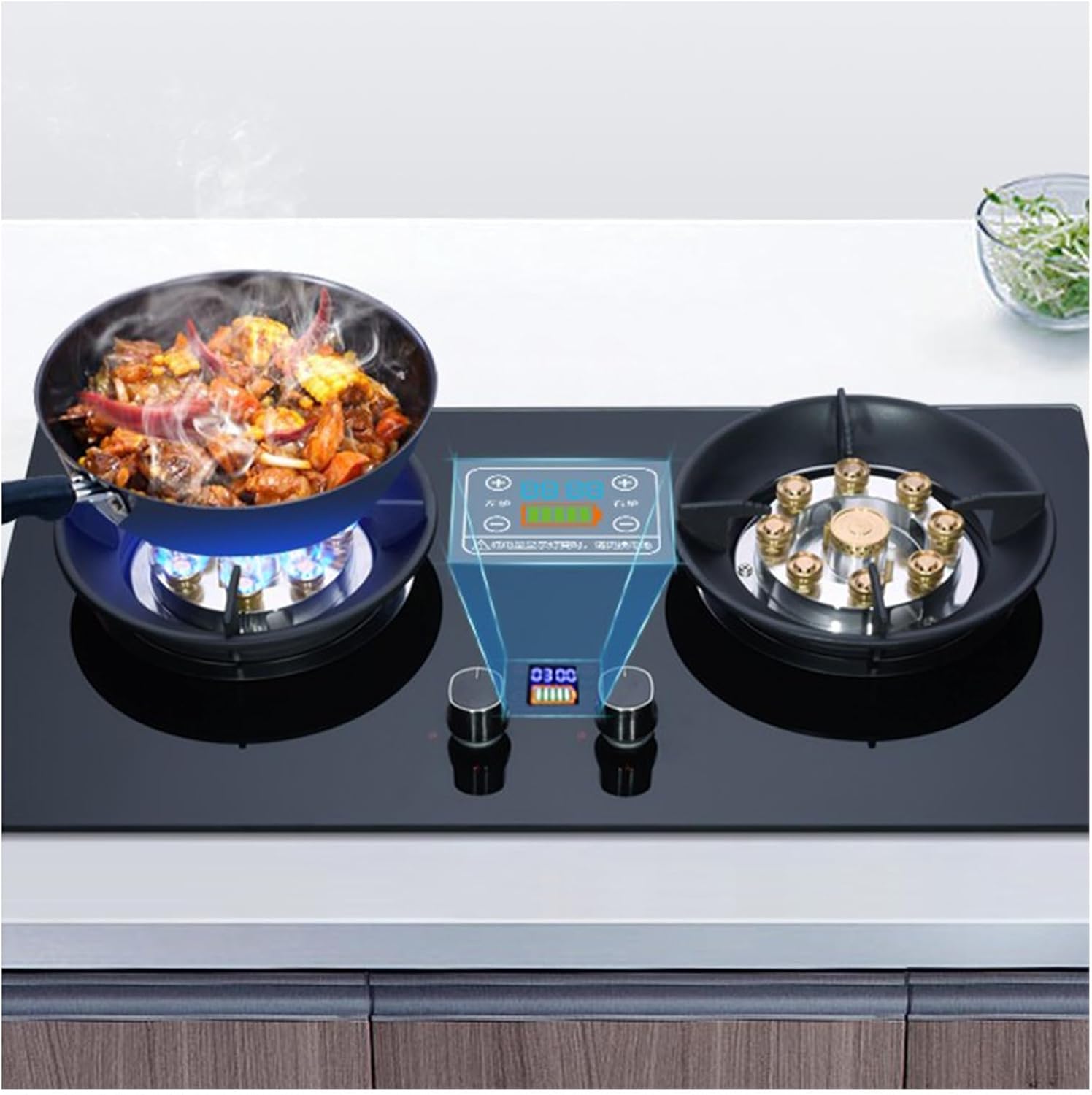 73CM Thickened Square Portable Gas Stove 2 Burners Gas Stove 5.2KW, Timer (Two-Sided Independent), Accidental Flameout Protection Device(LPG)