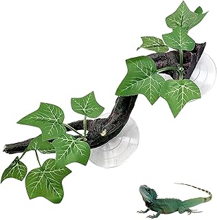 PINVNBY Reptile Corner Branch Resin Climb Tree Branch Decor with Leaves Terrarium Plant Decoration with Suction Cup Gecko Plant Ornament for Amphibian Lizard Snake Climbing (1 Pcs)