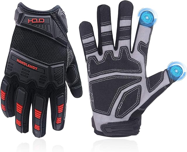 HANDLANDY Heavy Duty Work Gloves Men, Touchscreen TPR Impact Reducing Work Gloves, Non-Slip Breathable Mechanics Gloves