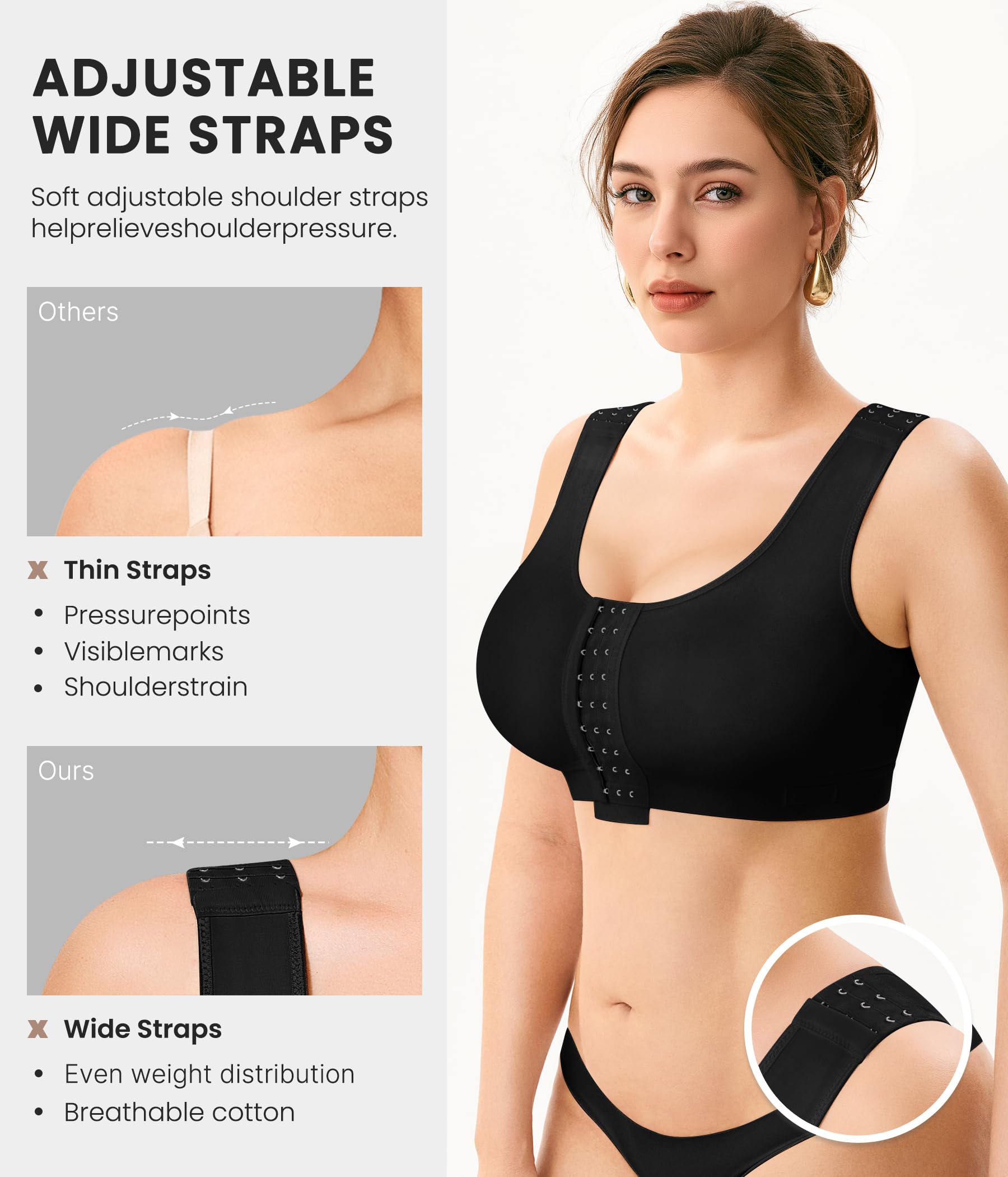 Junlan Femme Soutien-Gorge Post-Opératoire Compression,Boucle Avant, Bretelles Réglables sans Armatures, Racerback, Minimiseur Forte Poitrine – Bustier de Sport Confortable Yoga Récupération