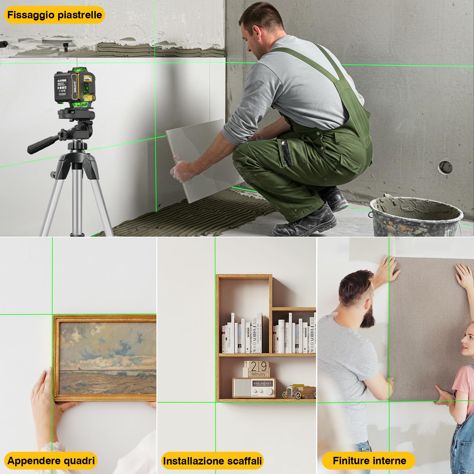 Alloyman Livella Laser Autolivellante 16 Linee con treppiede, Laser a linee incrociate a 4x360 gradi, 4D verde, laser a croce con 2 batterie ricaricabili, IP54, per fai da te, lavori interni e