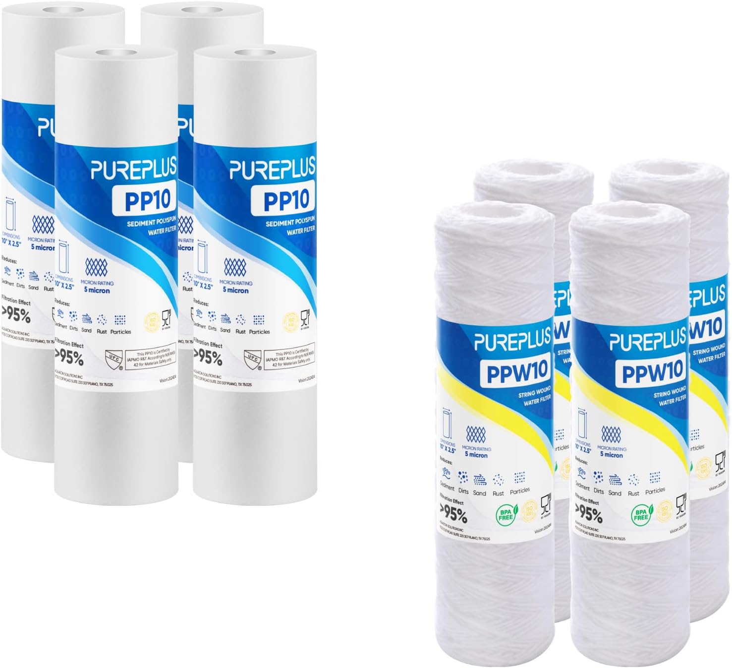 PUREPLUS 5 Micron 10" x 2.5" Whole House Sediment Home Water Filter Cartridge Replacement 4PACK and 5 Micron 10"x2.5" Whole House String Wound Sediment Filter for Well Water Replacement 4PACK
