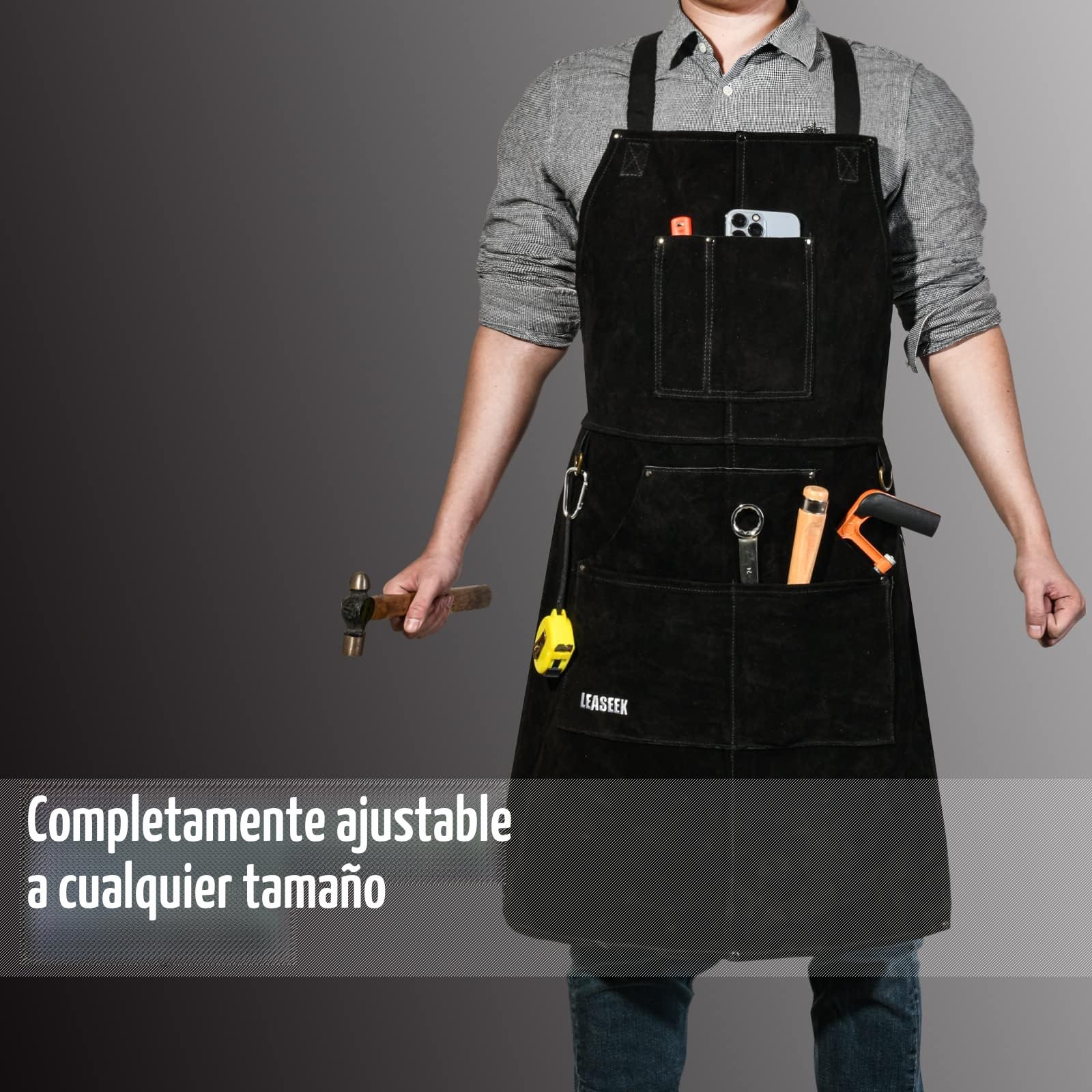 Leaseek Delantal de trabajo de cuero – 6 bolsillos para herramientas para hombres y mujeres – Delantal de soldadura – Ideal para carpintería, herrería, jardineros, mecánicos, barbacoa