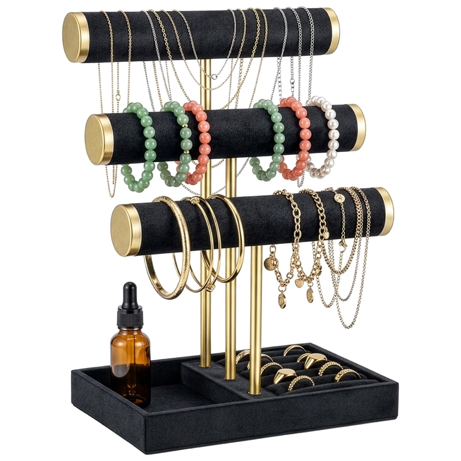 Sunnynest Women's Black 3-Tier Velvet Jewelry Box & Bracelet Holder Display – Detachable T-Bar Organizer For Bracelets, Necklaces, Rings, Watches – Jewelry Stand & Bangle Holder For