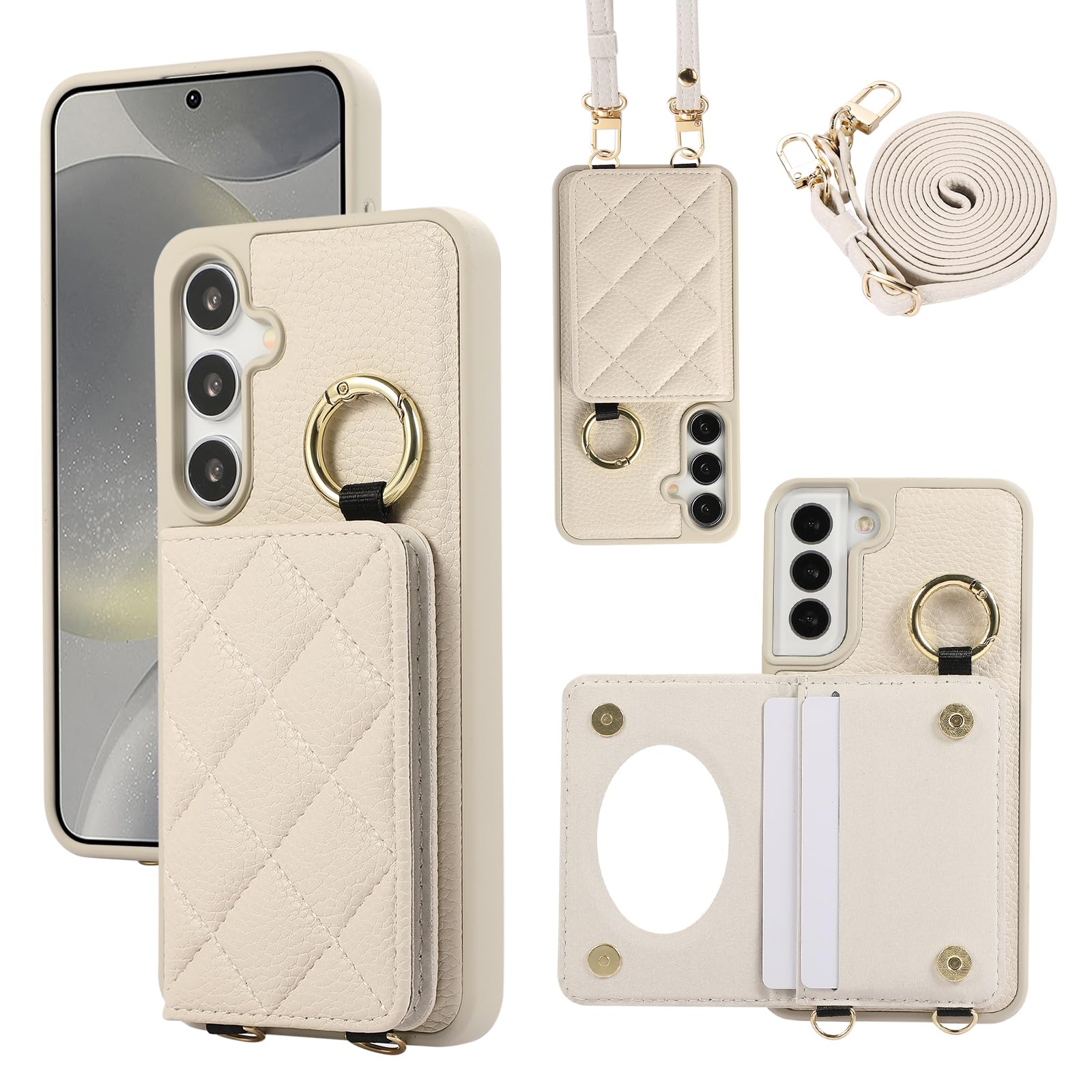 YDIJCYAN Handyhülle für Samsung Galaxy S23 Hülle mit Band+Ring+Schminkspiegel Stoßfest Handy Schutzhülle (weiß)