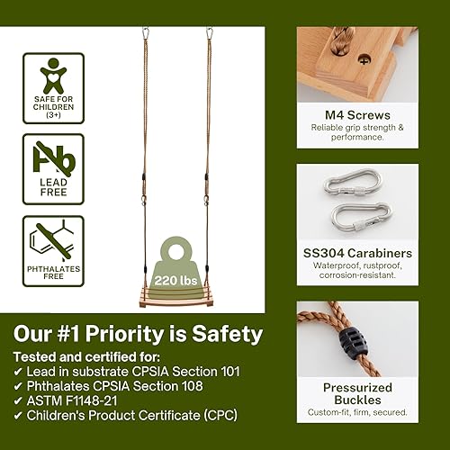 Miniatura 3 de Columpio de árbol de madera para niños doble revestimiento de 165 x 78 pulgadas asiento de madera para exteriores cuerdas de poliéster ajustables