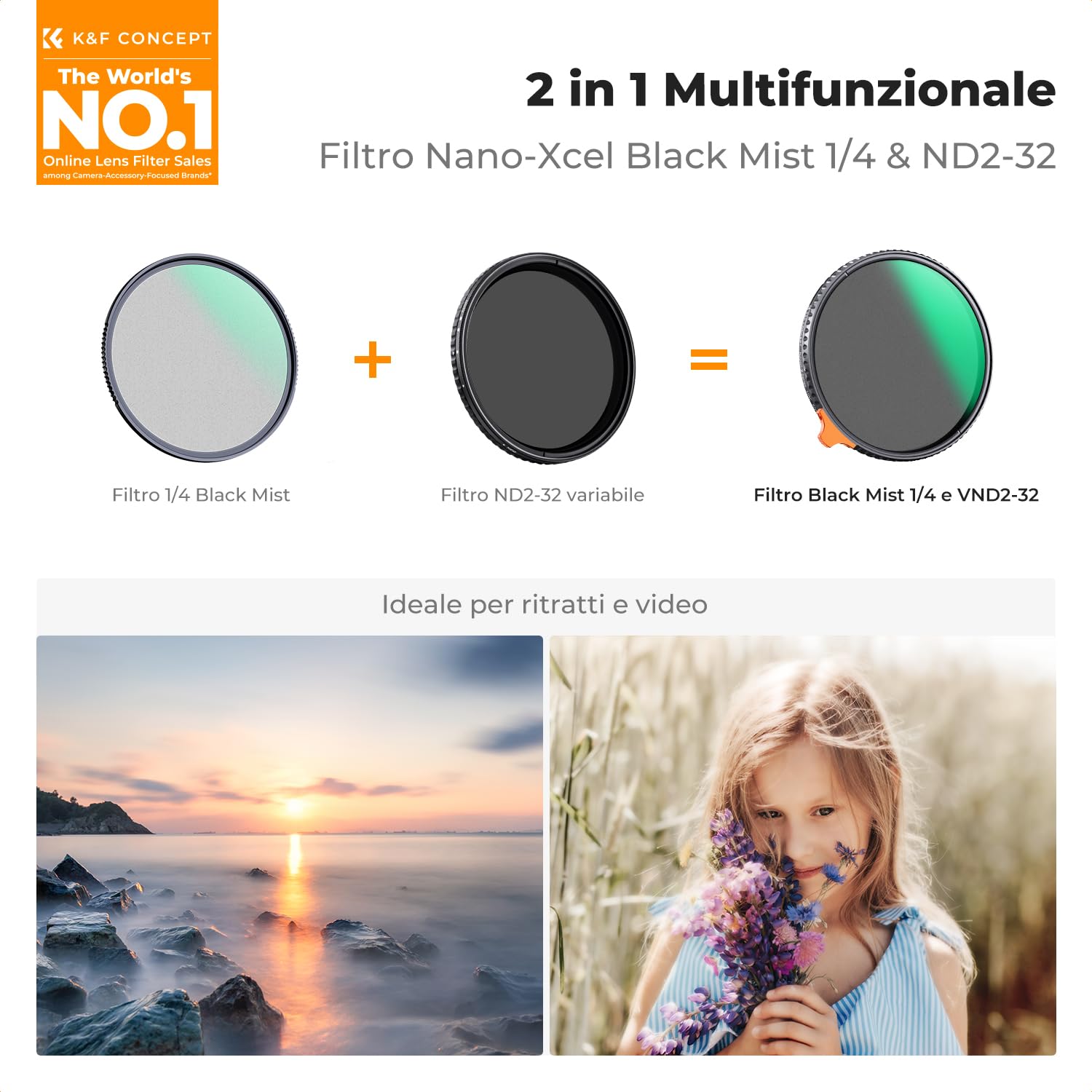 K&F CONCEPT Nano-Xcel 82MM 2 In 1 Filtro Variabile ND2-32 & Black Mist 1/4 | Filtro ND2-32 (1-5 Stops) Black Diffusion 1/4 con Rivestimento Nano Vetro Ottico HD - FA704