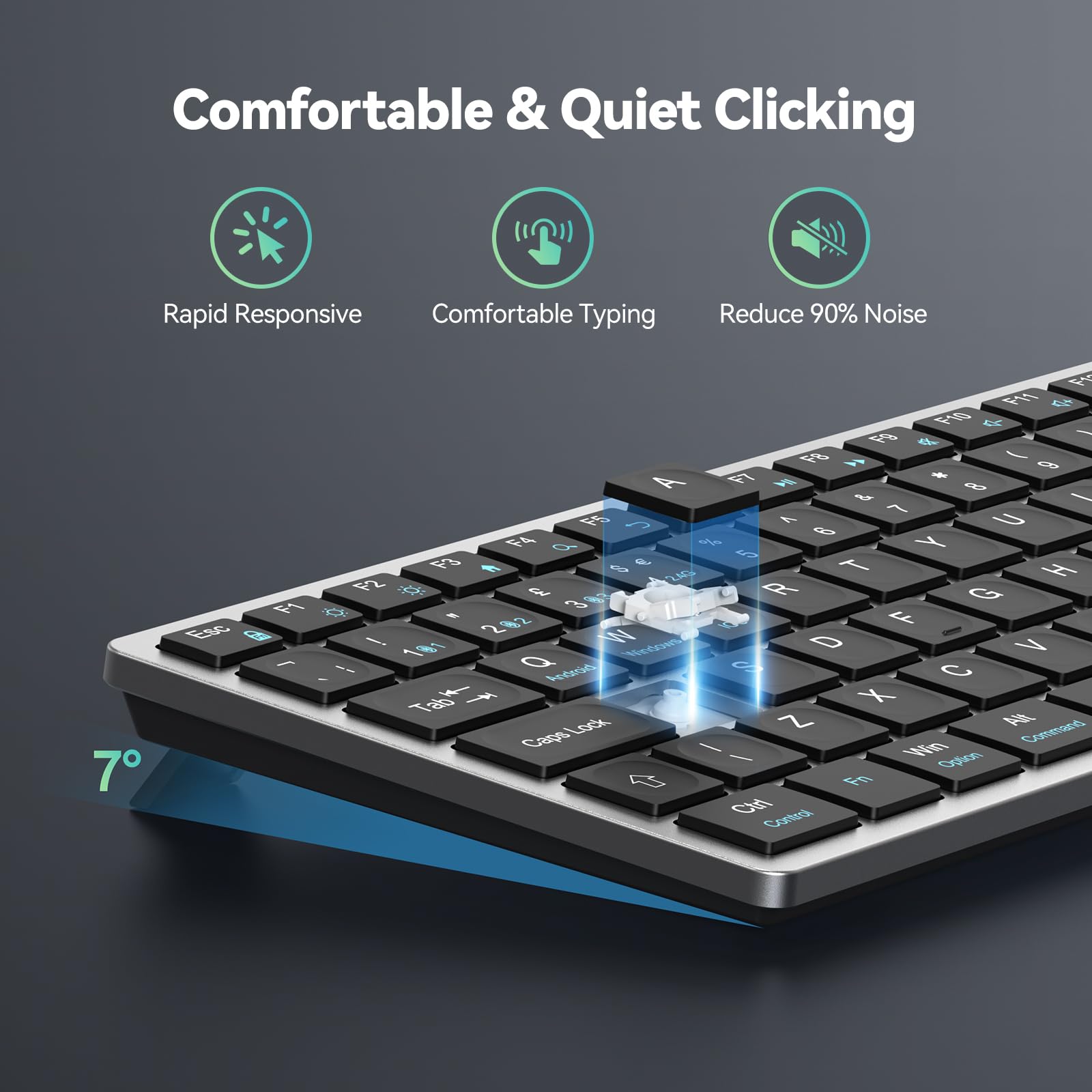 TECKNET 2.4G Wireless Keyboard, Rechargeable Bluetooth Keyboard for 4 Multi Devices, QWERTY UK Layout Compact Mini keypad, Small Silent Keys for Laptop, Phone, Smart TV, Computer, Tablet - Silver — view 6