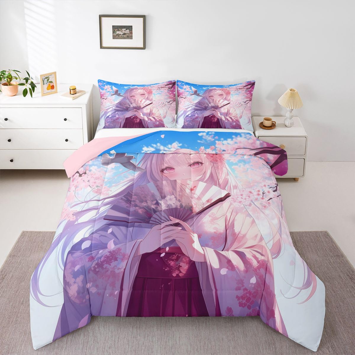 Erosebridal Japanese Style Girl Comforter Set, Cartoon Anime Girl Bedding Japanese Cherry Blossoms Bed Comforter Set, Romance Room Decor, Cartoon Kawaii Girly Bedding Sets Queen Size 3 Pieces