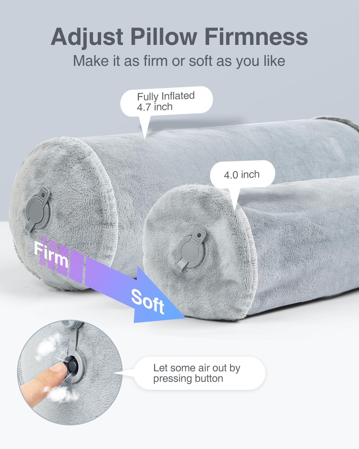 Luxtude Inflatable Neck Roll Pillow for Sleeping, Travel Cervical Pillow for Neck Pain Relief, Cylinder Support Pillows Round Bolster Pillows for Bed, Lumbar Roll, Legs, Back and Yoga (Grey-4.7in) - Image 3