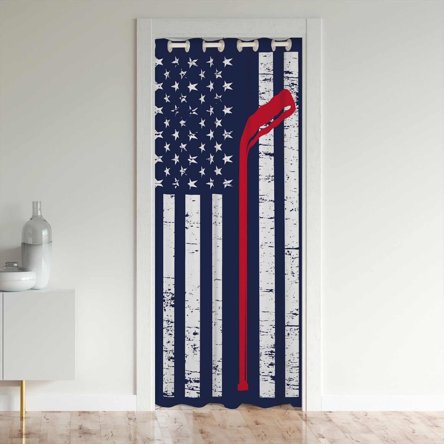 Erosebridal American Flag Door Curtain, Hockey Blackout Curtain, Sports Games Doorway Curtain for Kids Boys Teens Young Men, USA Federations Stars Stripe Dark Blue Door Drape, 1 Panel, 52