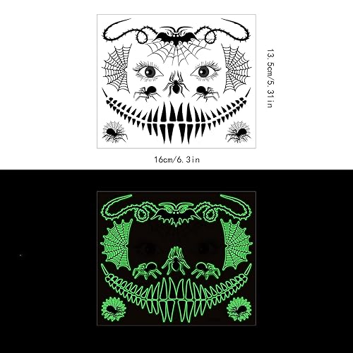 Miniatura 8 de Crece en la oscuridad Tatuajes faciales aterradores, calavera de azúcar neón Halloween Cara Tatuajes temporales Día de los Muertos Maquillaje