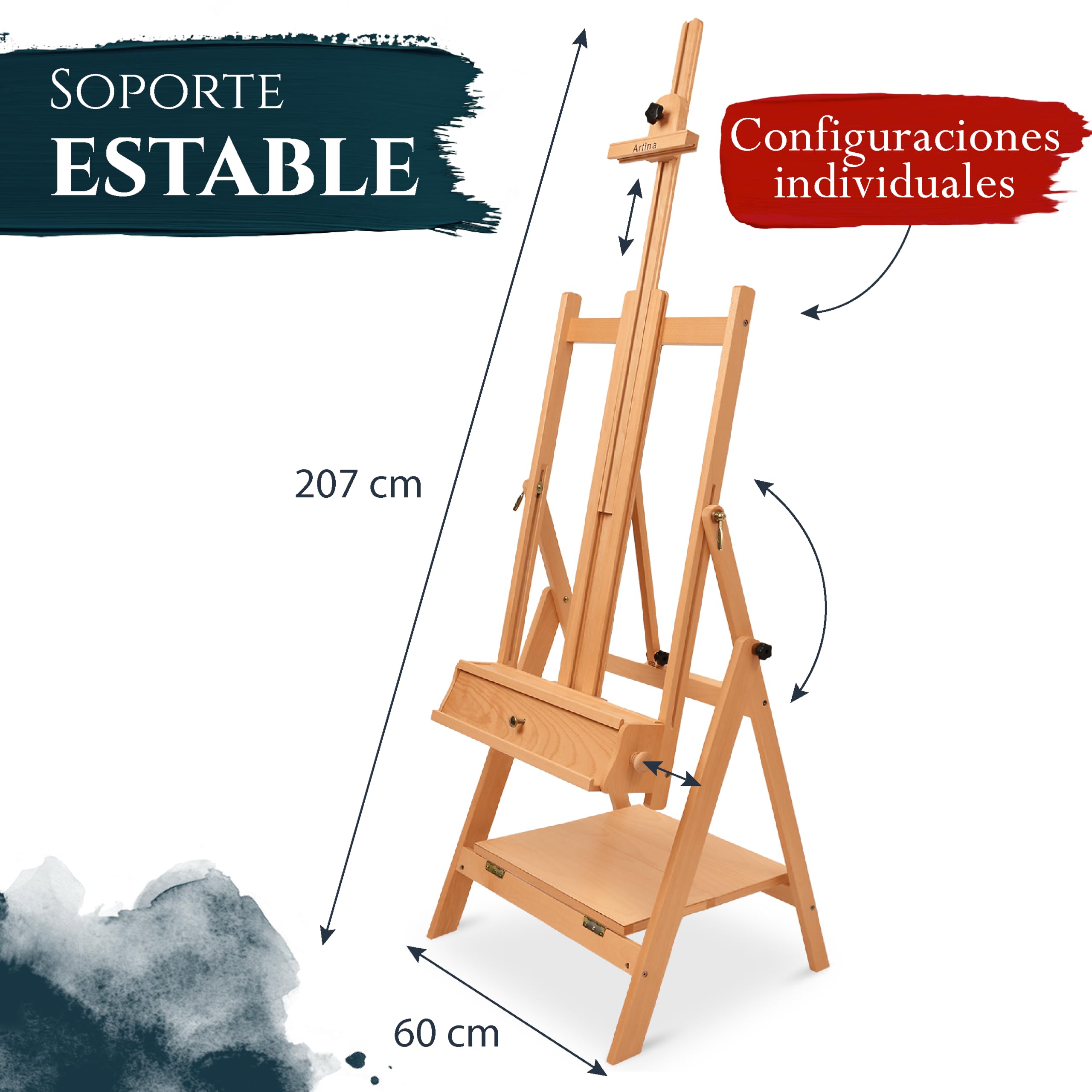 Artina caballete de pintura de estudio profesional para lienzos madera haya | maciza de plegable de altura regulable para hasta 150cm artista grande bastidor Napoli
