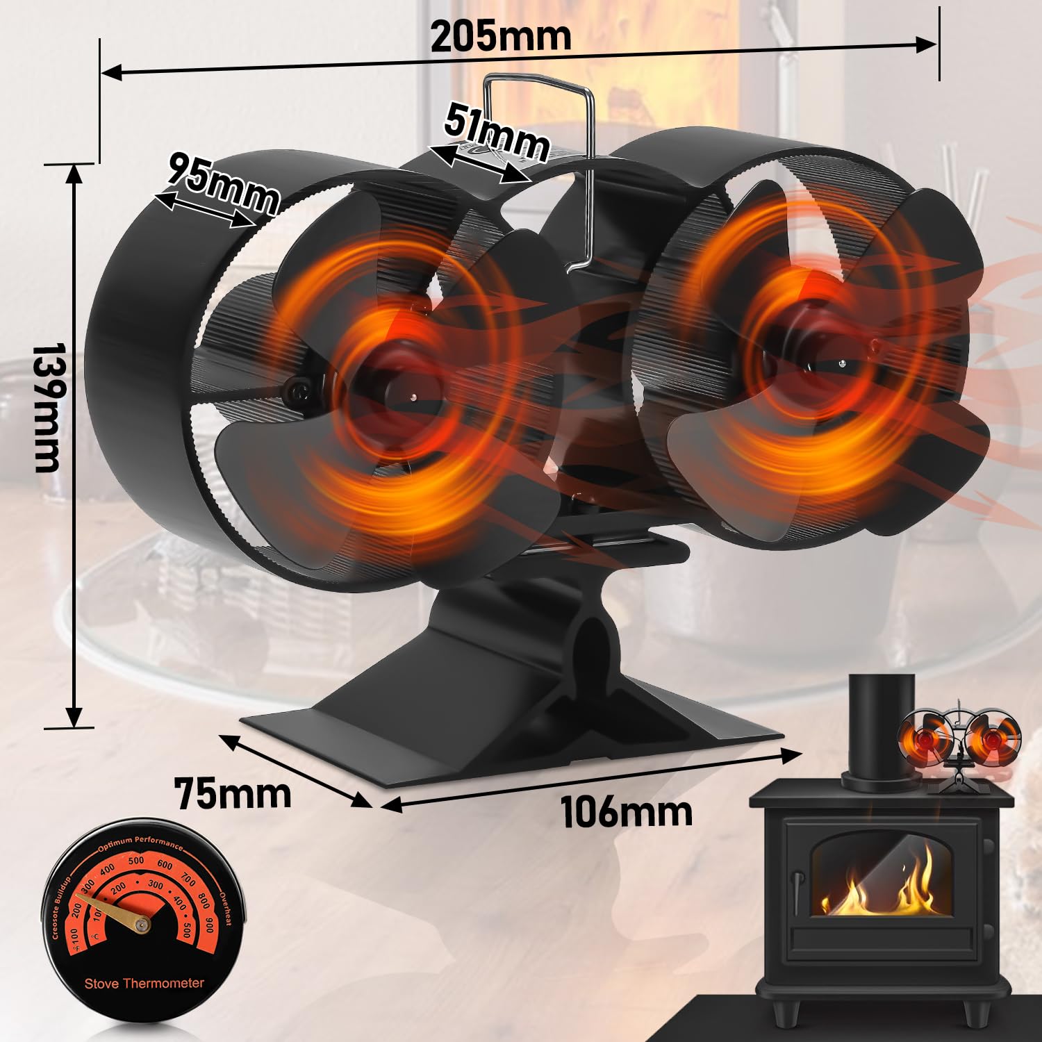 Sonnewelt Ventilatore per camino, ventilatore per stufa, senza corrente, con 8 fogli, ventilatore per camino, ventilatore senza corrente, silenzioso, protezione da surriscaldamento con termometro di