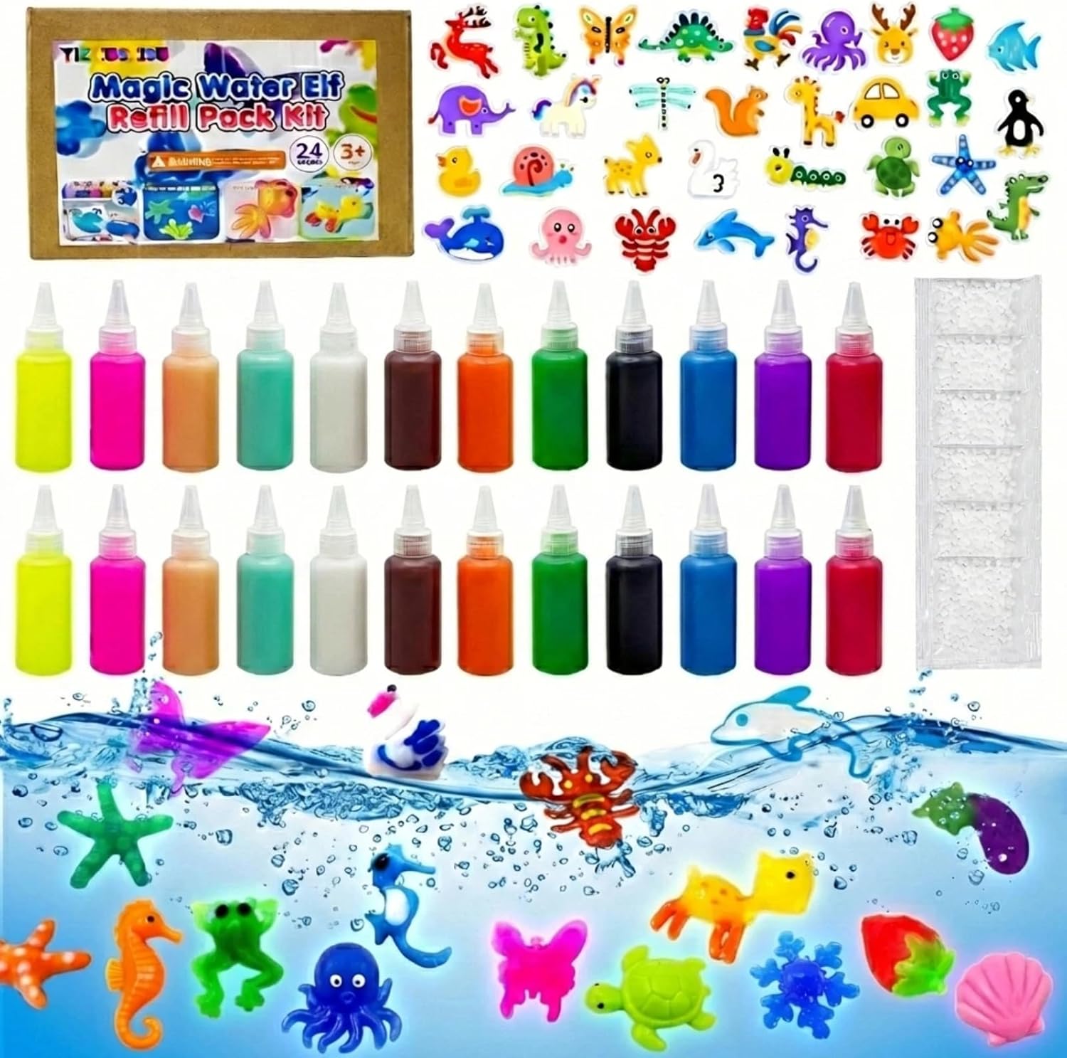 DIY Magic Gel Water Pets Kit Refill for Kids,24 Bottles & 32 Molds-DIY Squishy Toy Maker for Rainy Day & Family Bonding-Creative Arts & Crafts Gift From Parents - Ideal for Party Favors & Bath Time