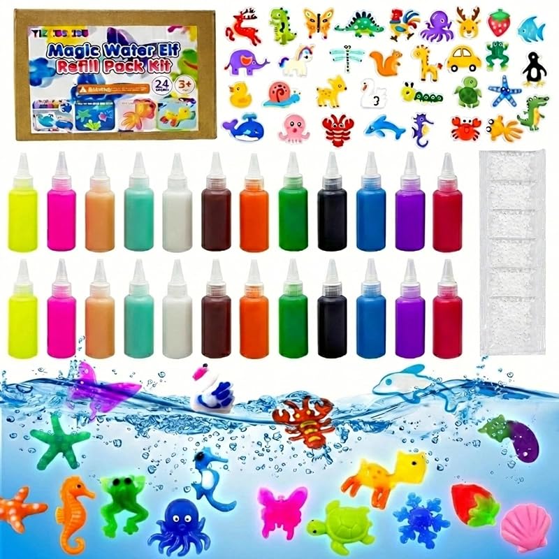 Kit de Recarga de Mascotas Mágicas de Gel DIY para Niños, 24 Botellas y 32 Moldes