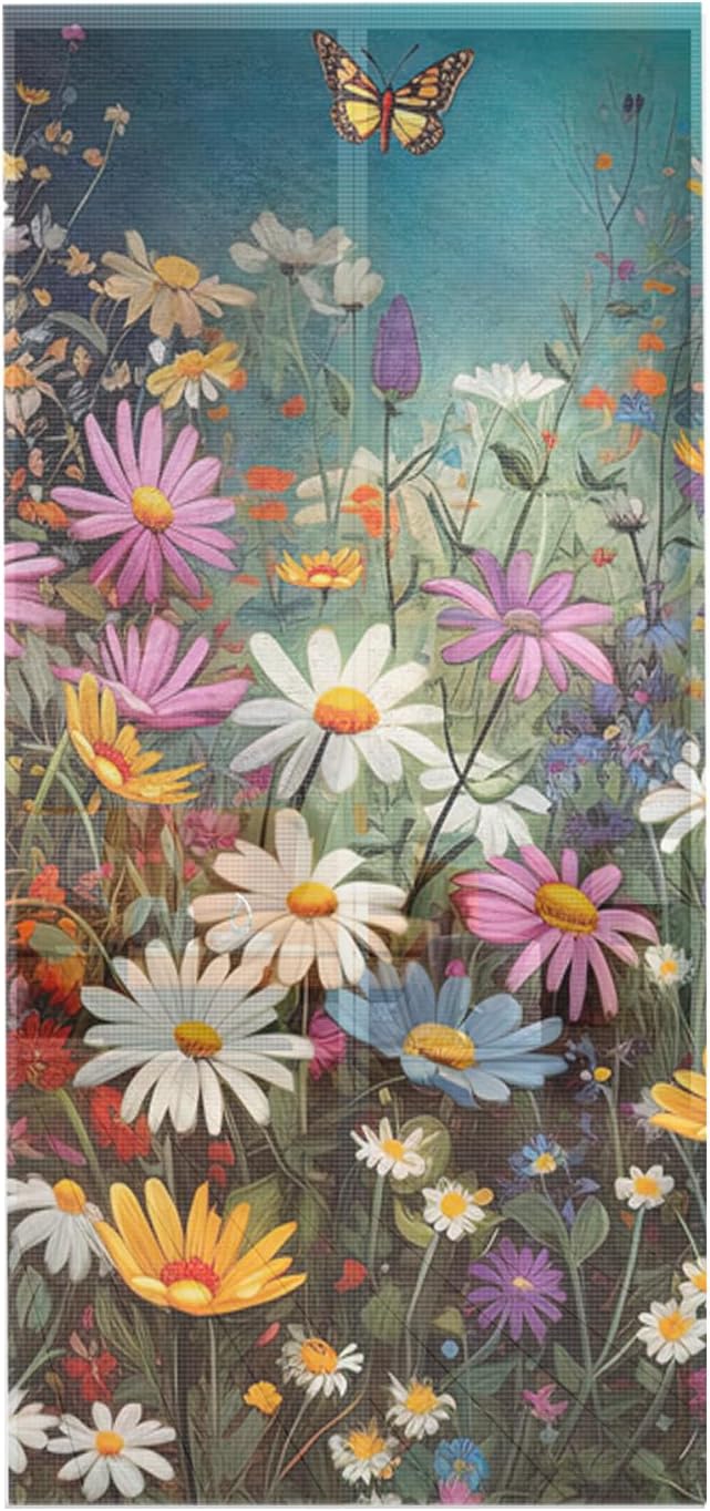 Screen Door 38"x83" Spring Floral Door Screen Magnetic Closure, Colorful Daisy Summer Botanical Butterfly Hands Free Magnetic Screen Door for Single/Sliding/Front Door
