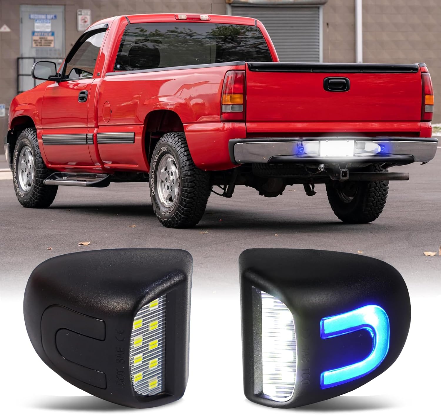 Blue & White LED License Plate Light for Chevy Silverado GMC Sierra 1500 2500 3500 Suburban Tahoe Avalanche Cadillac Escalade EXT Yukon XL 2 PCS U Rear Tag Lamp with Socket Pigtail Wiring Harness