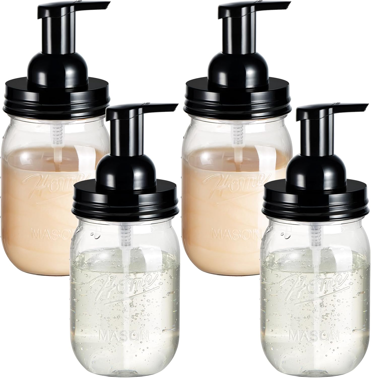 Amolliar Plastic Mason Jar Foaming Soap Dispenser with Pump Lid,16OZ Refillable Hand Soap Dispenser Set with Cute Lables - Farmhouse Decor for Kitchen/Bathroom, Lotion Liquid Dish Soap (4 Pack, Black)