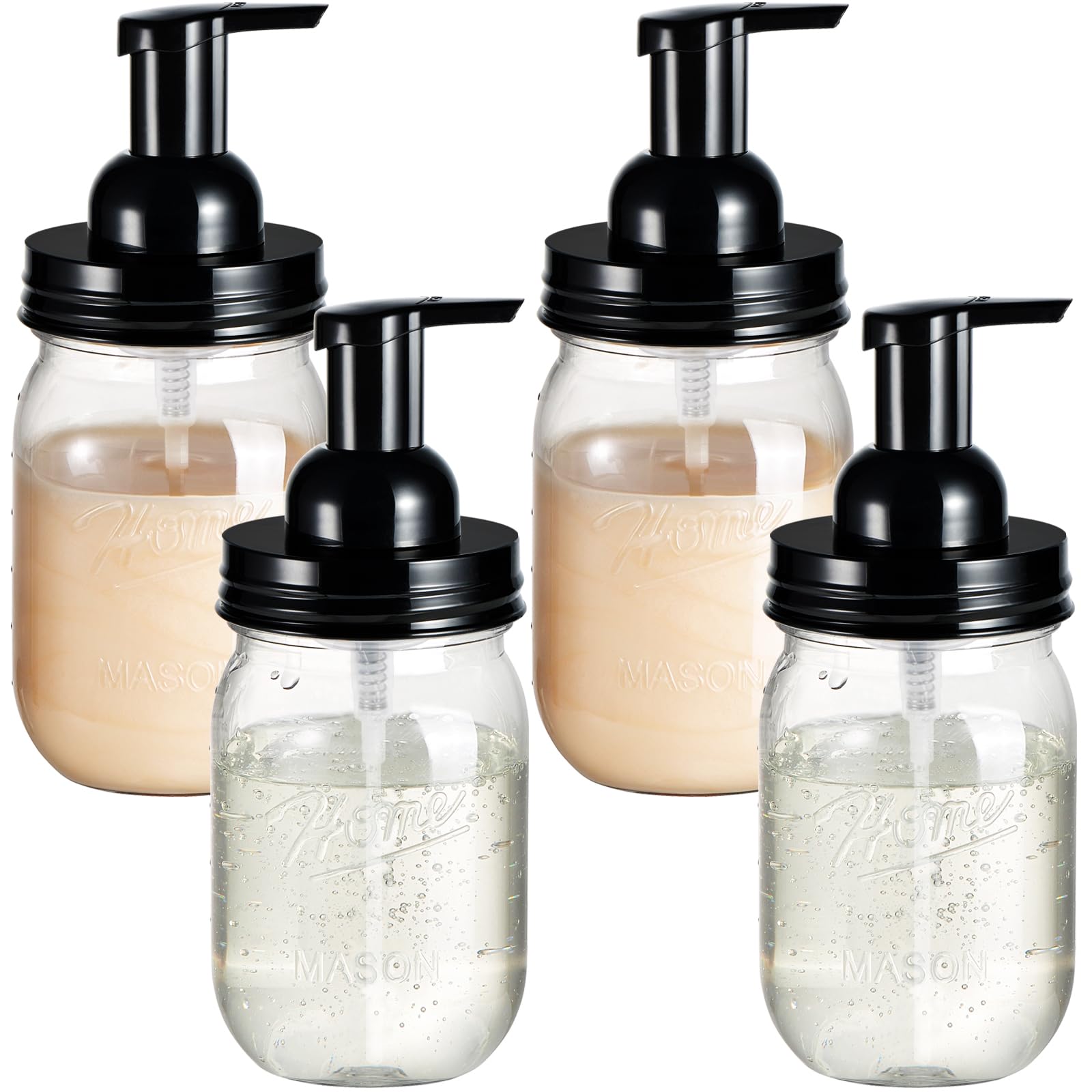 Amolliar Plastic Mason Jar Foaming Soap Dispenser with Pump, 16oz, Black, 4 Pack
