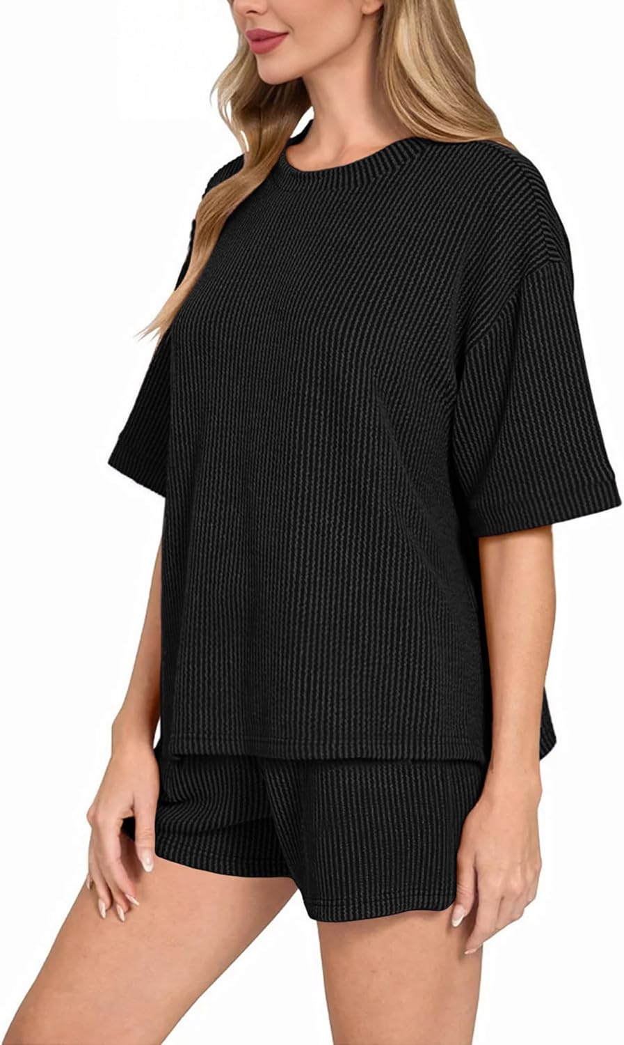 Ekouaer Short Sets for Women 2 Piece Outfits Summer Loose Lounge Set Ribbed Textured Knit Short Sleeve - Image 3