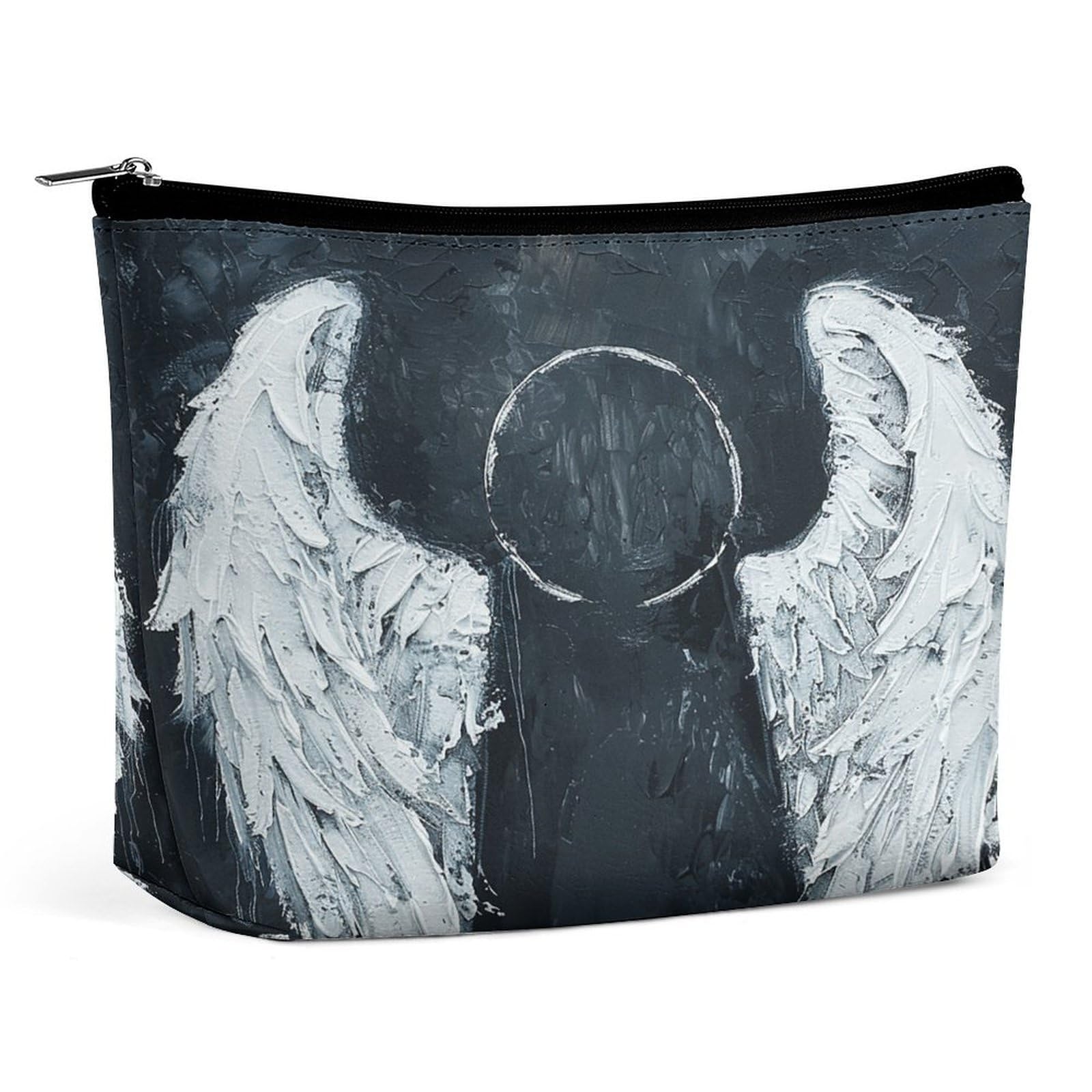 Travel Makeup Bags PU Leather White Angel Wings Cosmetic Bag with Zipper Large Toiletry Bag for Women Waterproof Portable Makeup Case Organizer Cute Zipper Pouch Make Up Bags