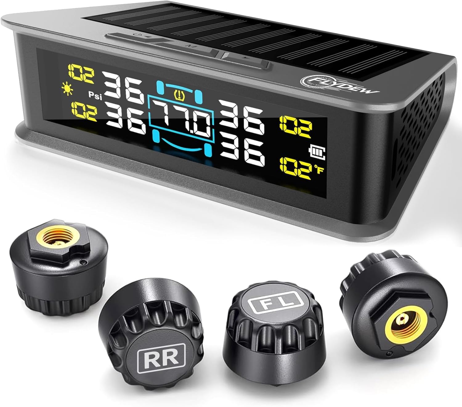 RV Tire Pressure Monitoring System (TPMS) - TPMS sensors Set of 4 & 6 Alarm Modes | Solar/USB Charger | LCD Display | for RV/Truck/SUV/MPV/Sedan.