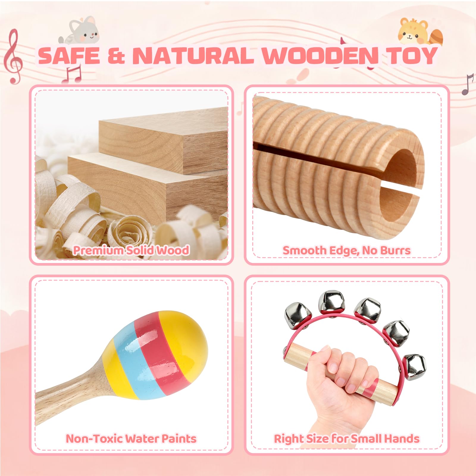 Strumenti musicali per bambini - Giocattoli musicali Montessori per tutti-piccoli, Set di strumenti a percussione in legno, Giocattoli di risveglio musicale (Pink)