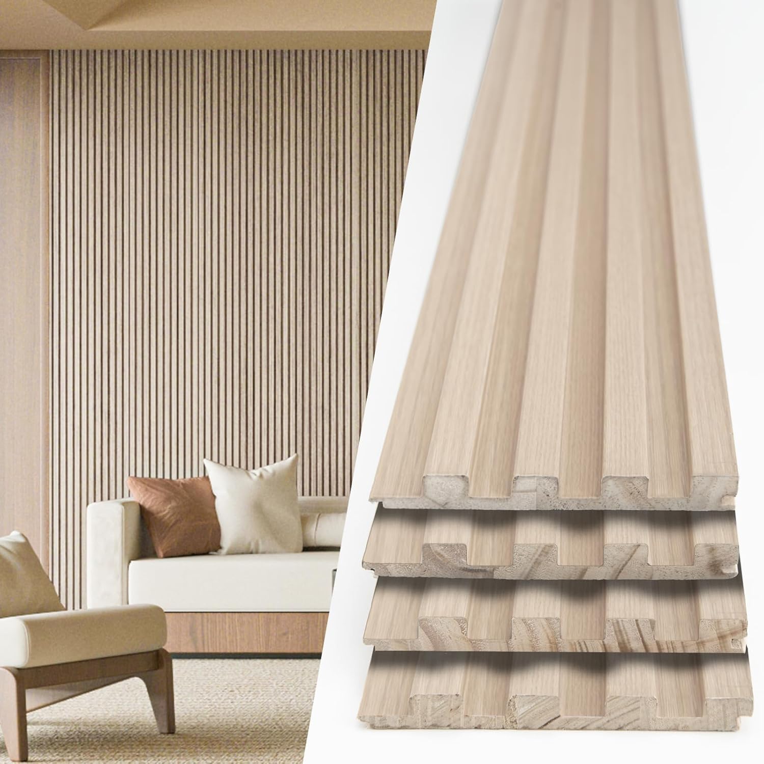 Art3d Slat Wood Wall Paneling - 108 x 5.7 x 0.7in, Pack of 4pcs + 1pc End-Trim for Interior and Ceiling Decor, Ashtree