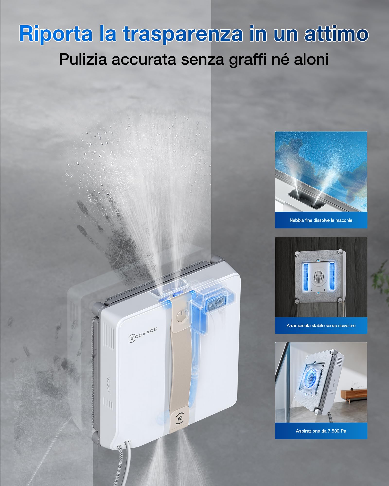 ECOVACS WINBOT MINI Robot Lavavetri, Design Compatto, Doppi Ugelli con Spruzzo Ultrasonico, Sistema di Protezione a 9 Fasi, Pianificazione Intelligente del Percorso, 3 Modalità di Pulizia