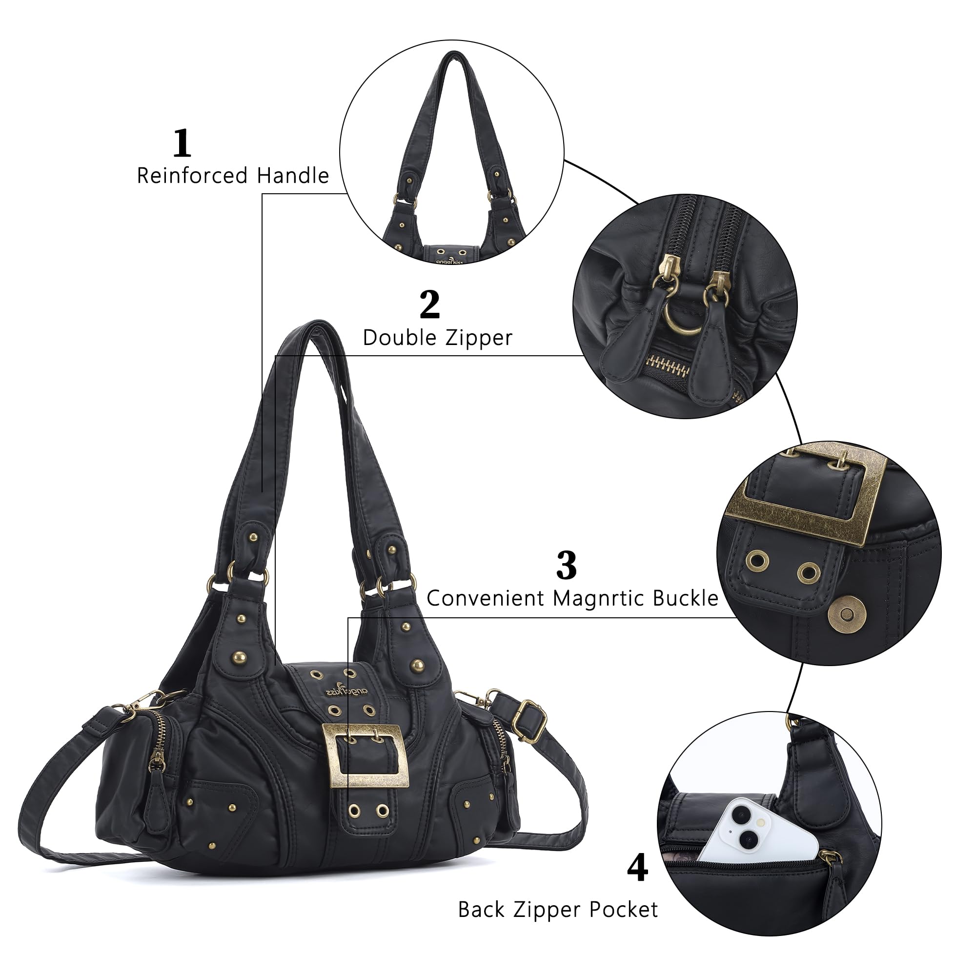 Angel Kiss Hobo - Monederos para mujer, pequeño bolso de hombro de cuero vegano, bolso cruzado vintage con múltiples bolsillos