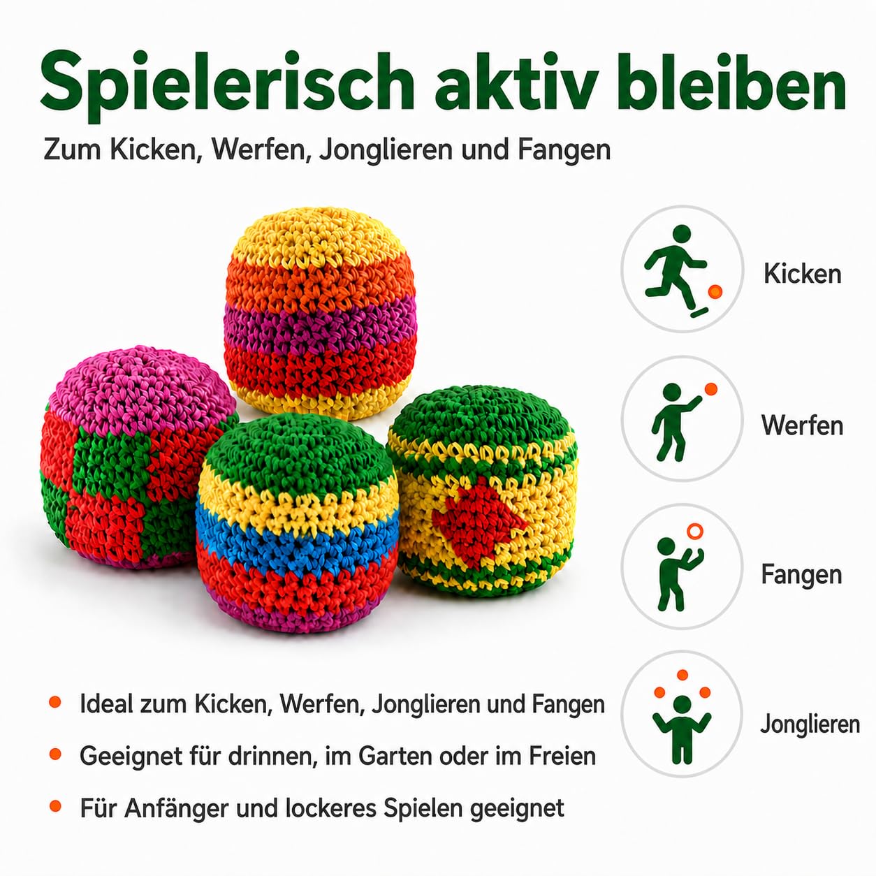 Generisch 6/12/24 Stück gestricktes Footbag-Set, Footbags in Häkeloptik, Bunte Jonglierbälle und Kickbeutel, weiches Wurfbeutel-Set für Outdoor-Aktivitäten und Partys