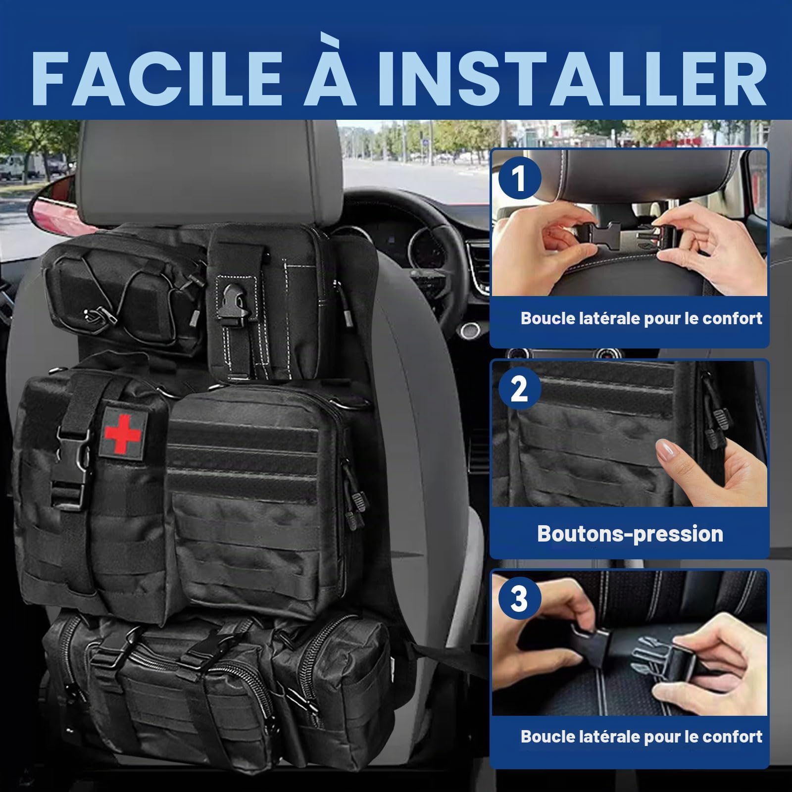 Organiseur tactique pour siège de voiture avec 5 sacs amovibles, protection de dossier de voiture Oxford 600D imperméable pour la plupart des véhicules, SUV, camion, pick-up