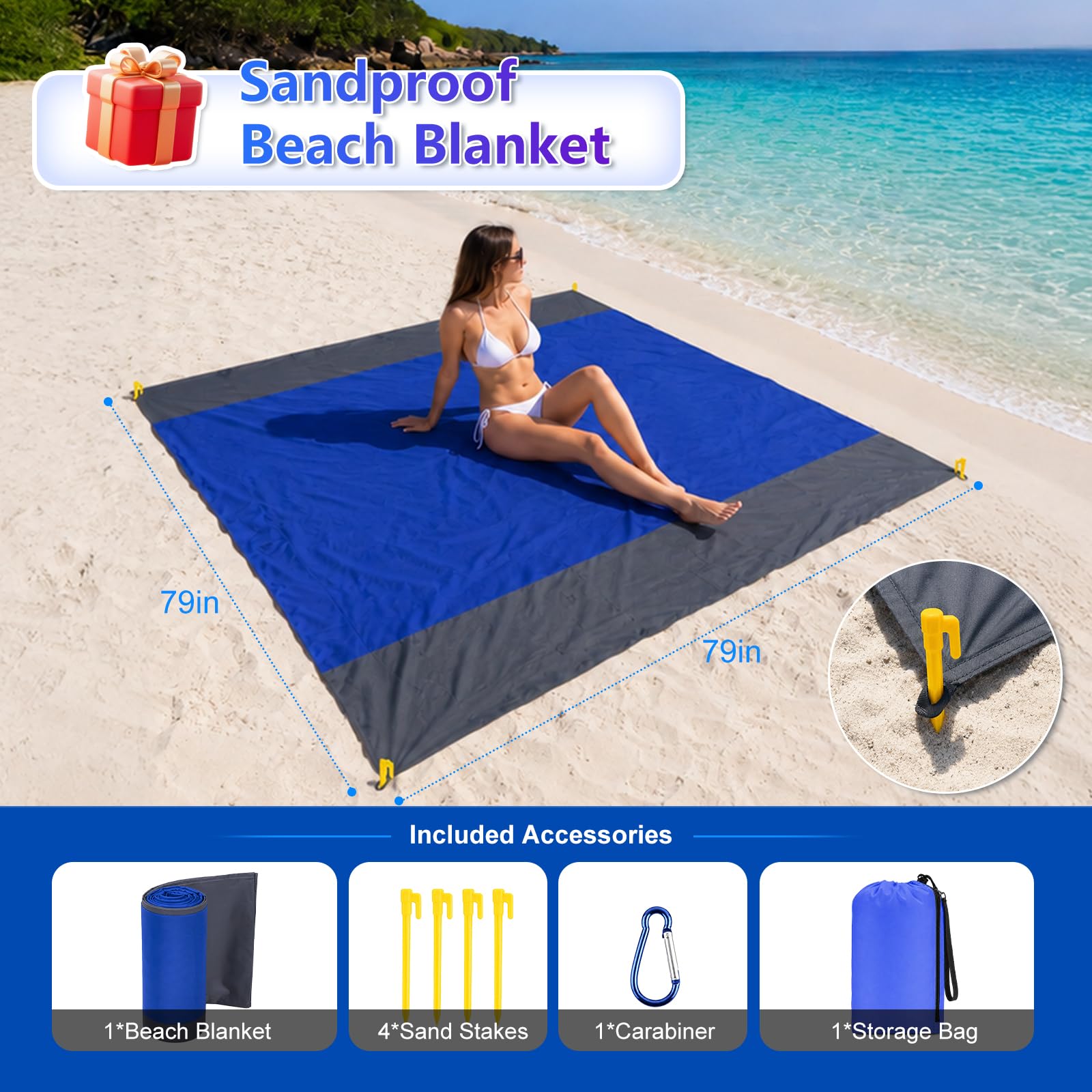 Tenda da spiaggia con protezione dai raggi UV, tenda da sole per gite in campeggio, tenda da spiaggia portatile, tenda da spiaggia con ancora di sabbia, asta in alluminio, 6.5x6.5FT, Blu scuro