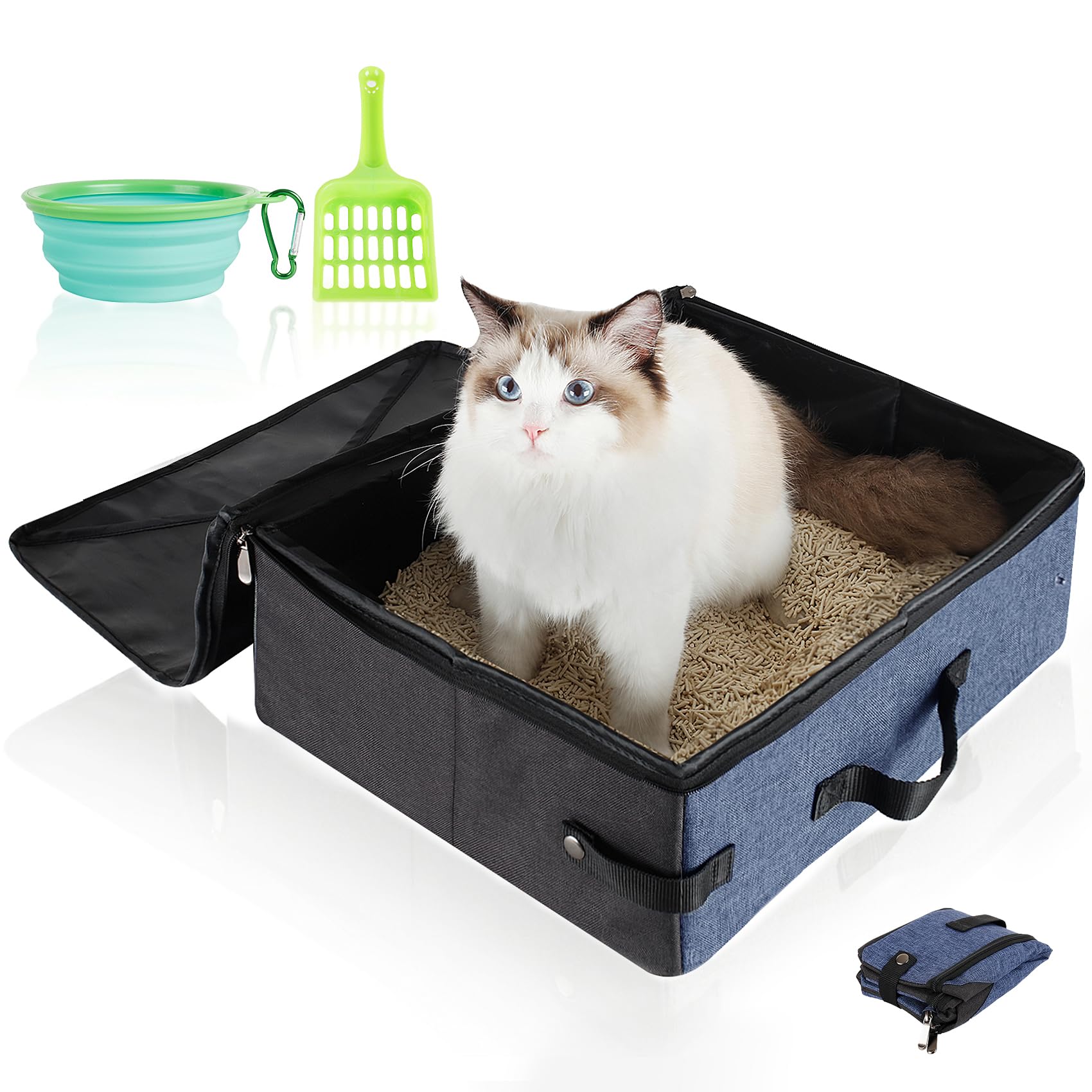 HiCaptain Travel Cat Litter Box with Lid and Handle Standard Portable Collapsible Litter Carrier for Cat (L,Black/Blue) — image 1