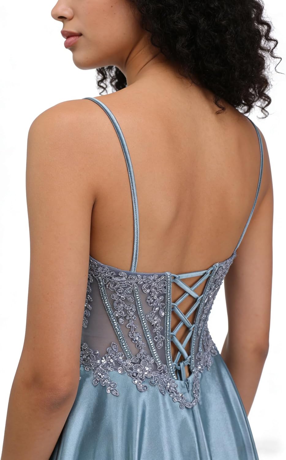 Spaghetti Strap Satin Prom Dresses Long Beaded A-Line Evening Gown Lace Applique Formal Dress with Slit