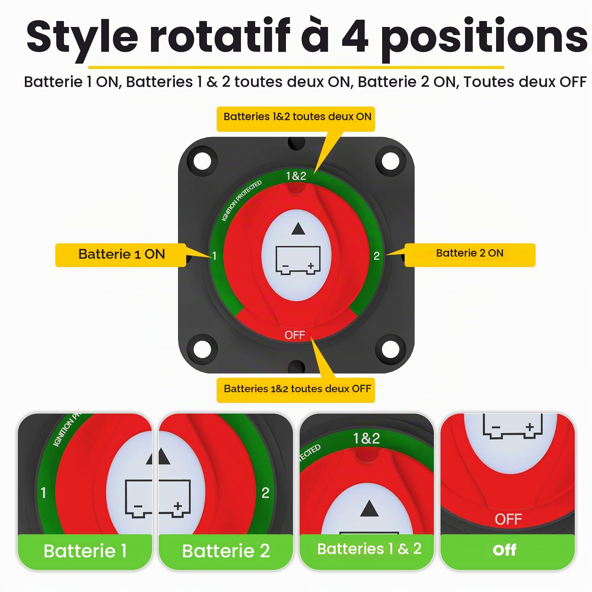 Offgridtec Sélecteur de batterie pour systèmes 12 V/24 V/36 V, courant continu 200 A, connecteurs M8, interrupteur rotatif 1-2 deux sorties pour double circuit de batterie, résistant à l'humidité et