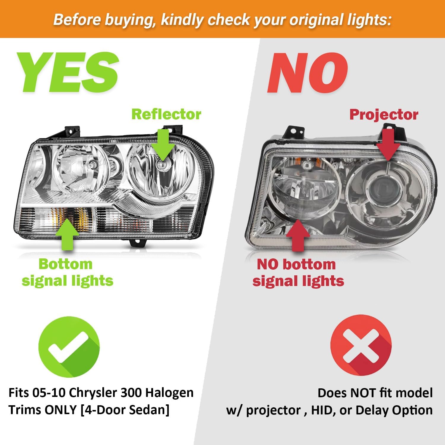 WEELMOTO Headlights for 2005-2010 Chrysler 300 Trims Only 4-Dr, Not Fit 300C, Not Fit Hid, Headlight Assembly Compatible with 05 06 07 08 09 10 Chrysler 300 Trims with Bulbs