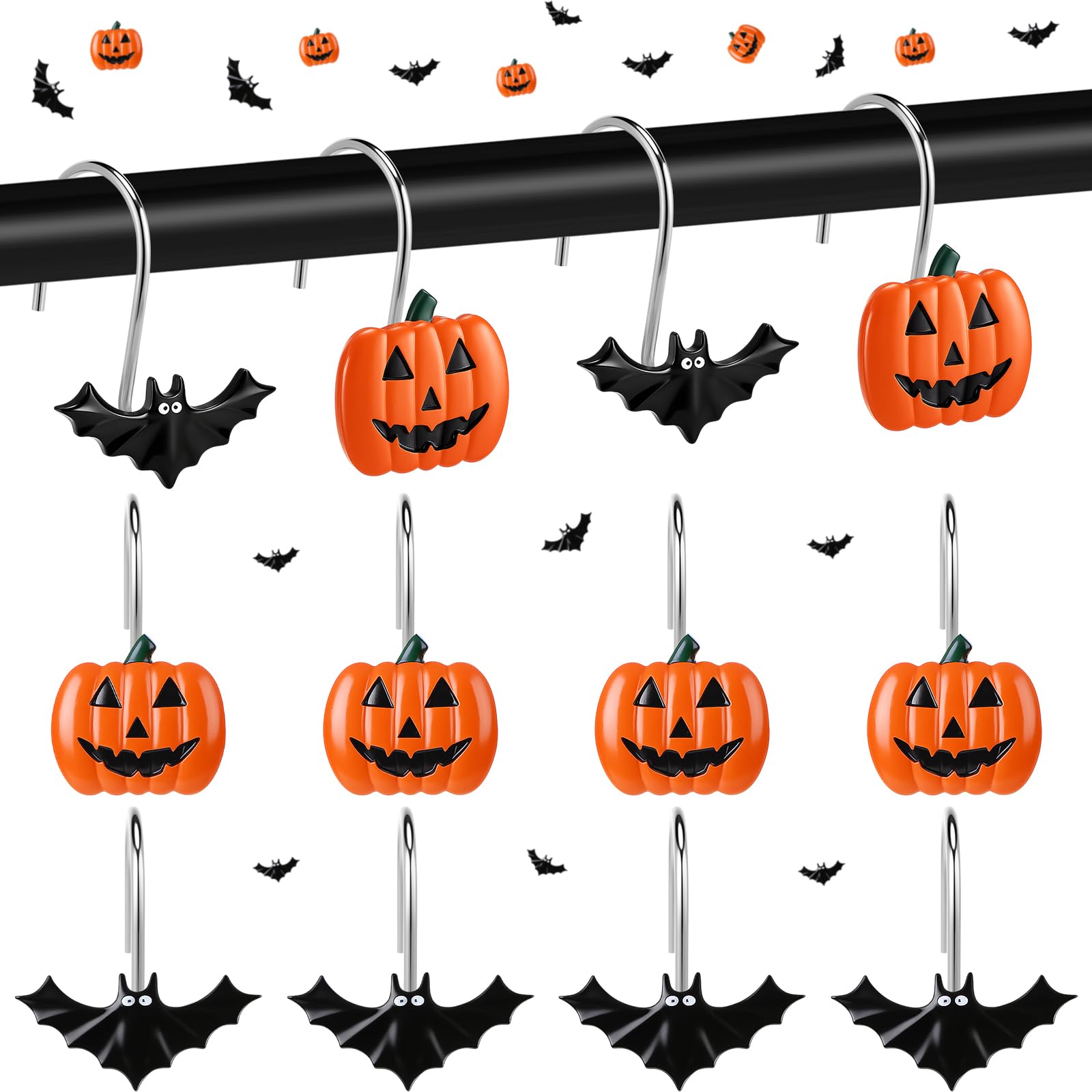 Pinkunn 12 Pcs Halloween Shower Curtain Hooks, Decorative Pumpkin Bat Shower Curtain Rings, Resin Metal Bathroom Hooks for Halloween Bathroom Decor