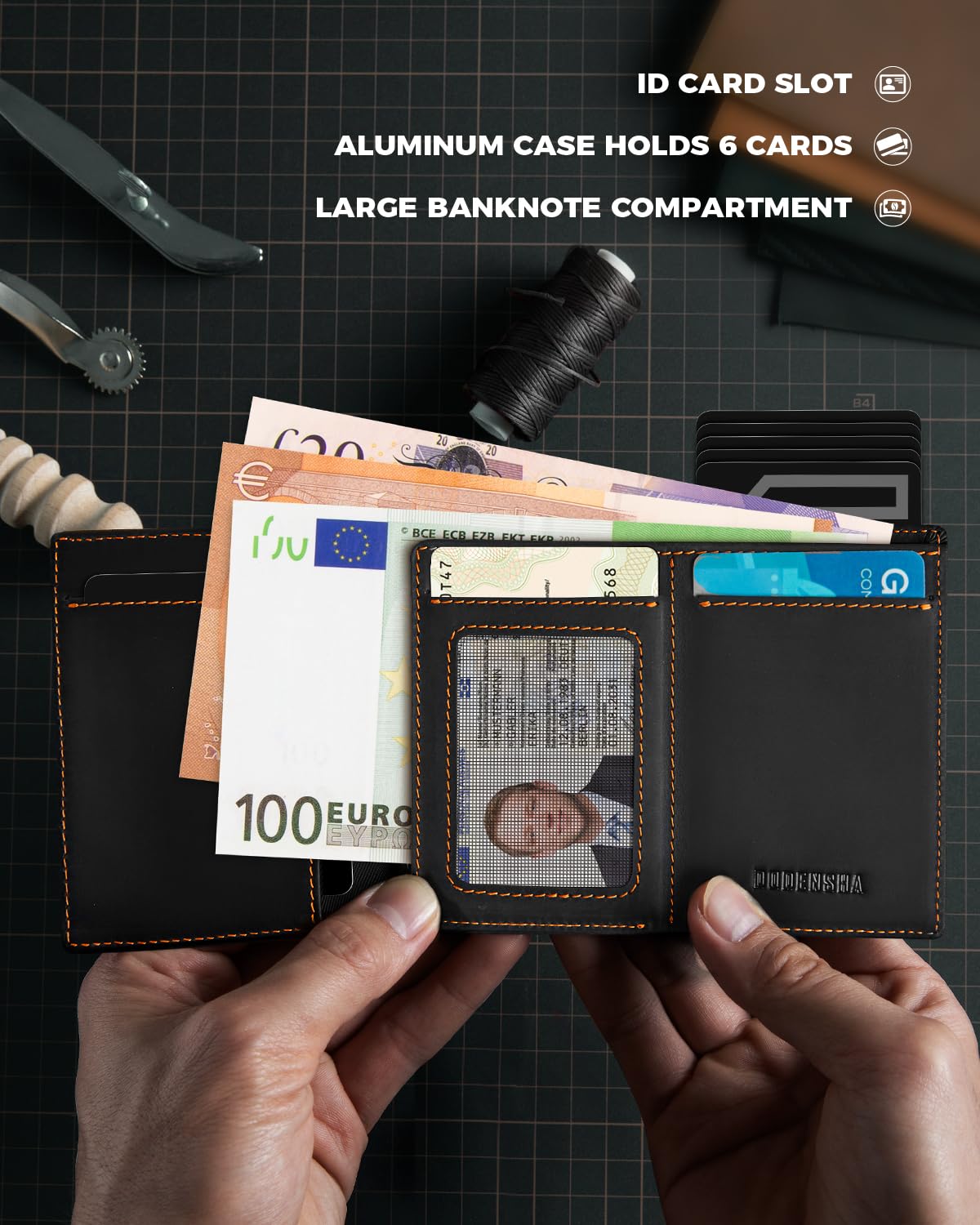 DODENSHA MagSnap moero portafoglio I portafoglio uomo piccolo I porta carte di credito uomo 10+ Karten I portatessere uomo tascabile I Protezione RFID I nero/arancione