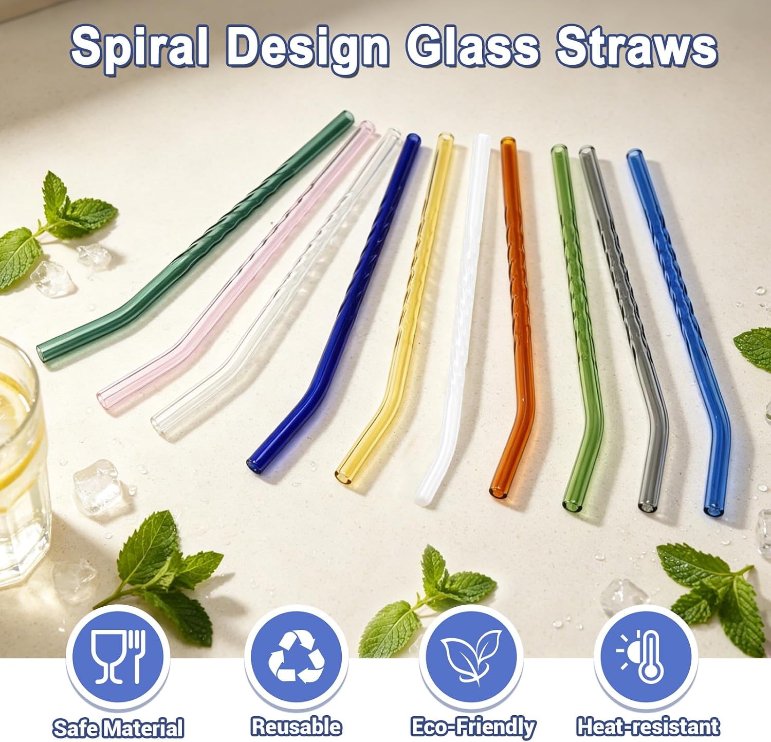 10 Pcs Reusable Glass Straws 7.9” x 8 mm Bent Glass Straws Colorful