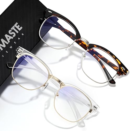 Vista 34 de Lentes de bloqueo de luz azul, vintage, medio marco, lente transparente UV, antifatiga ocular, gafas de juegos para computadora para mujeres