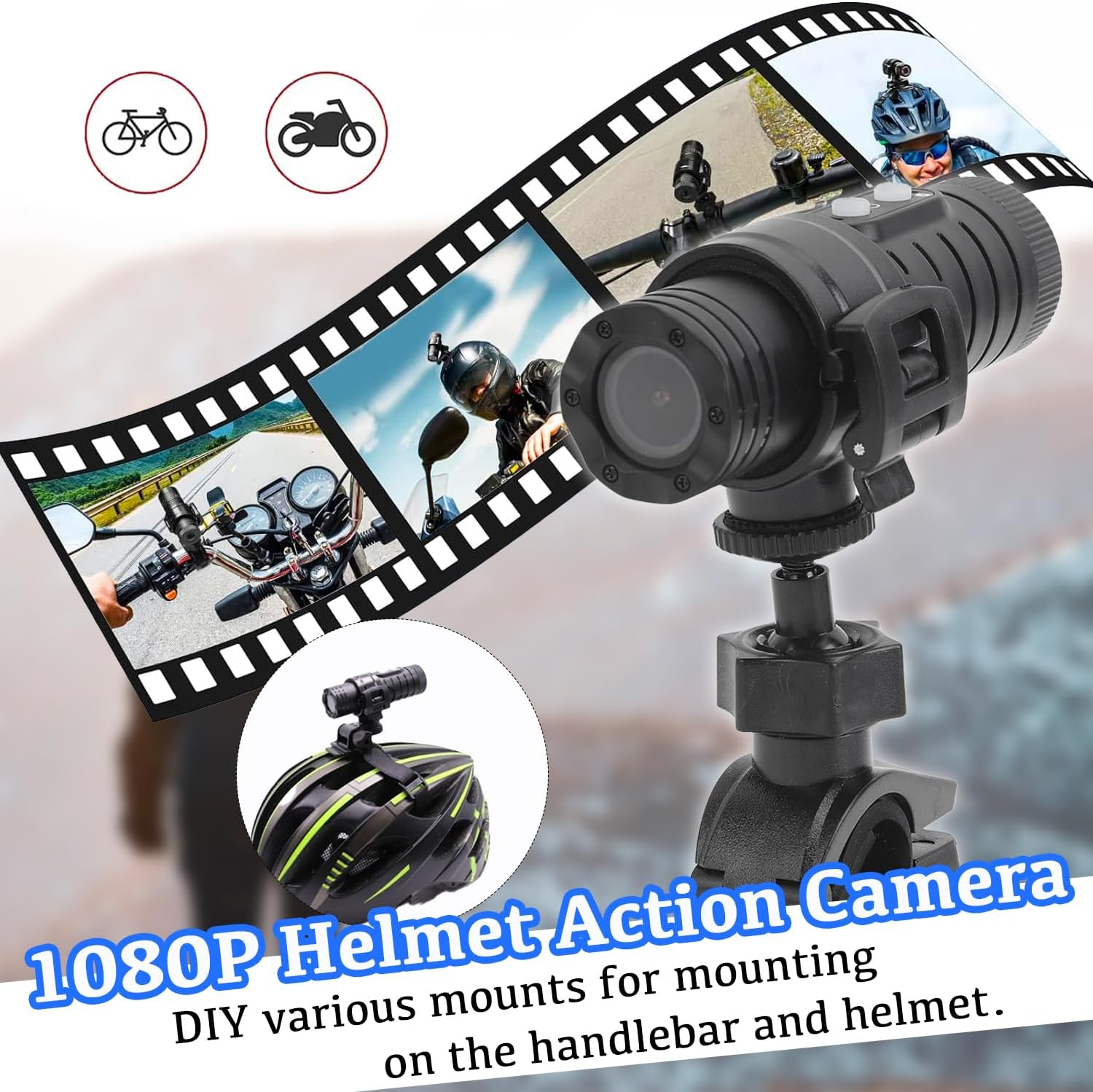 Motorcycle Helmet Camera, HD 1080P Bike Video Camera, Motorbike Helmet Camera, Outdoor Sports Mini Action Camera for Cars Bicycle Motorbike Shooting Riding Skiing (64, GB)