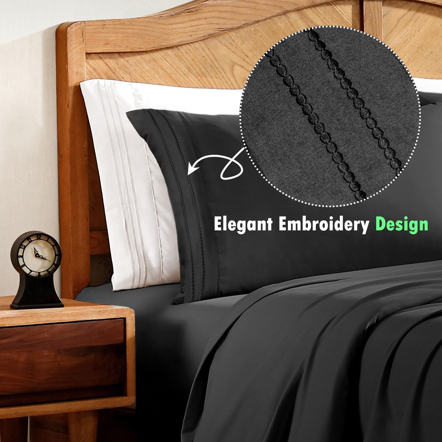 ClevaHome Queen Sheet Set, 4-Piece Bed Sheets for Queen Size Bed, Lightweight & Super Soft Easy Care Microfiber– Shrinkage & Fade Resistant Bedding Set with 14'' Deep Pockets (Black) - Image 5