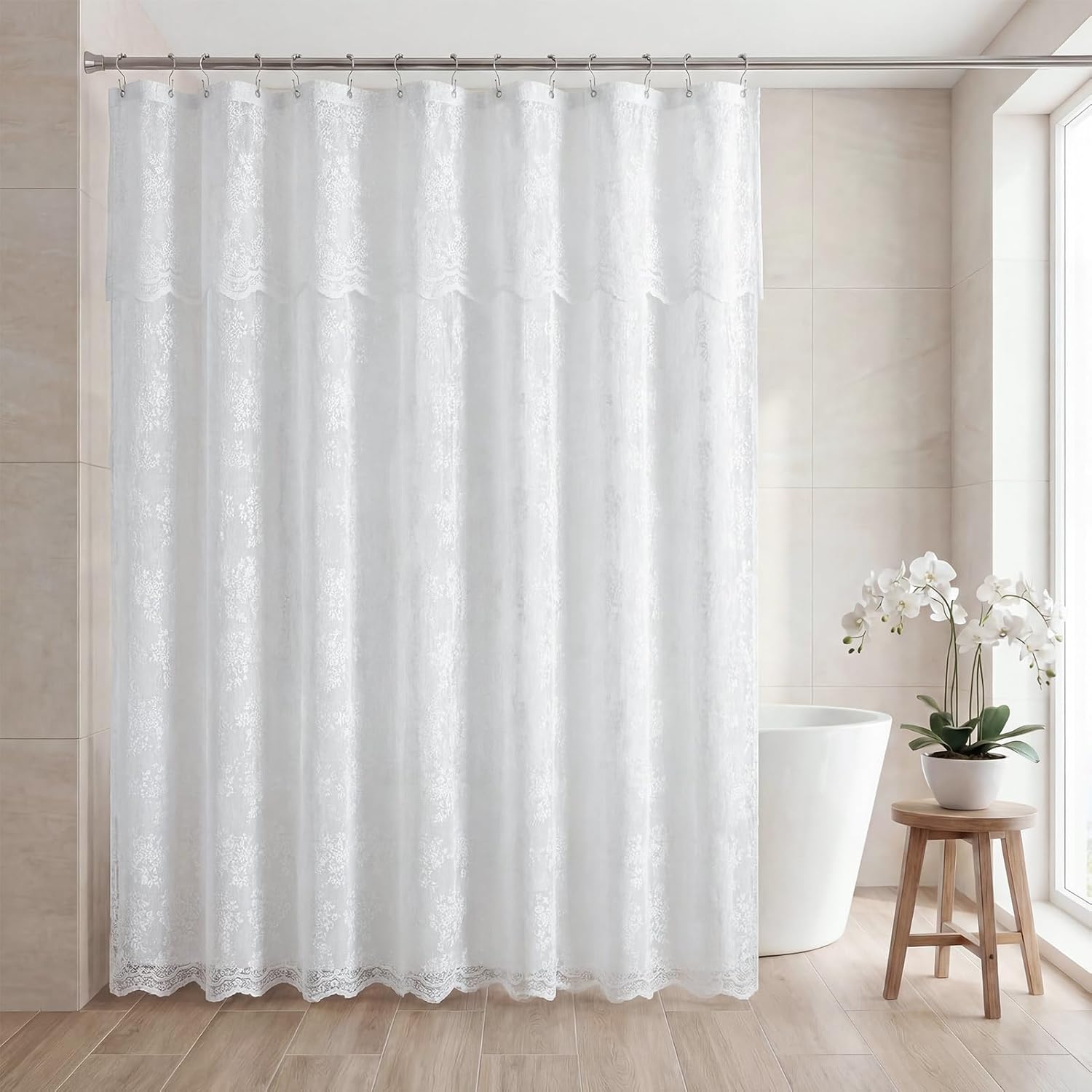 Lace Shower Curtain with Liner Set, White 3-in-1 Shower Curtain with Attached Valance, Floral Vintage Sheer Scalloped French Country Bathroom Decor, Includes 12 Stainless Steel Hooks, 72 x 72