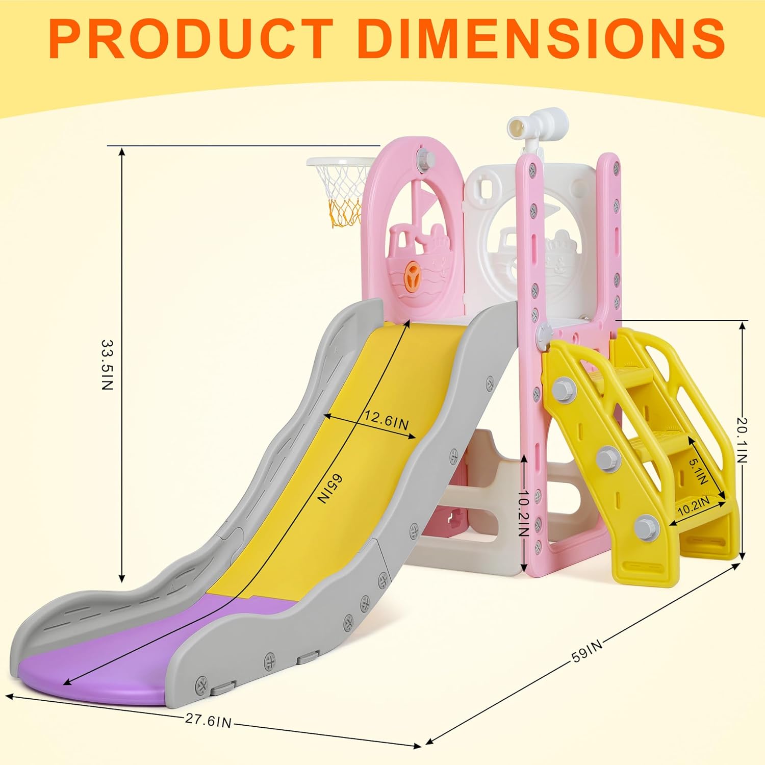 6 in 1 Toddler Playset Toddler Slide and Climber Playset, L-Shaped Kids Slide with Basketball Hoop, Telescope & Storage, Sturdy Indoor Outdoor Playground, for Boys Girls 1-3+