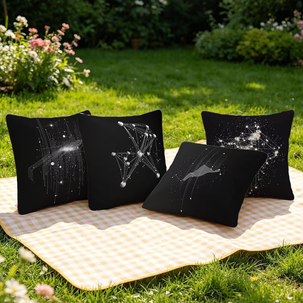 Federe Cuscino Divano 60x60, Nero Cuscini per Divano da Esterno Set da 4, Lino Copricuscini Divanos Impermeabile, Copri Cuscini Astratto Motivo Fronte Retro Stampato per Giardino, Sofá, Balcón, G-81